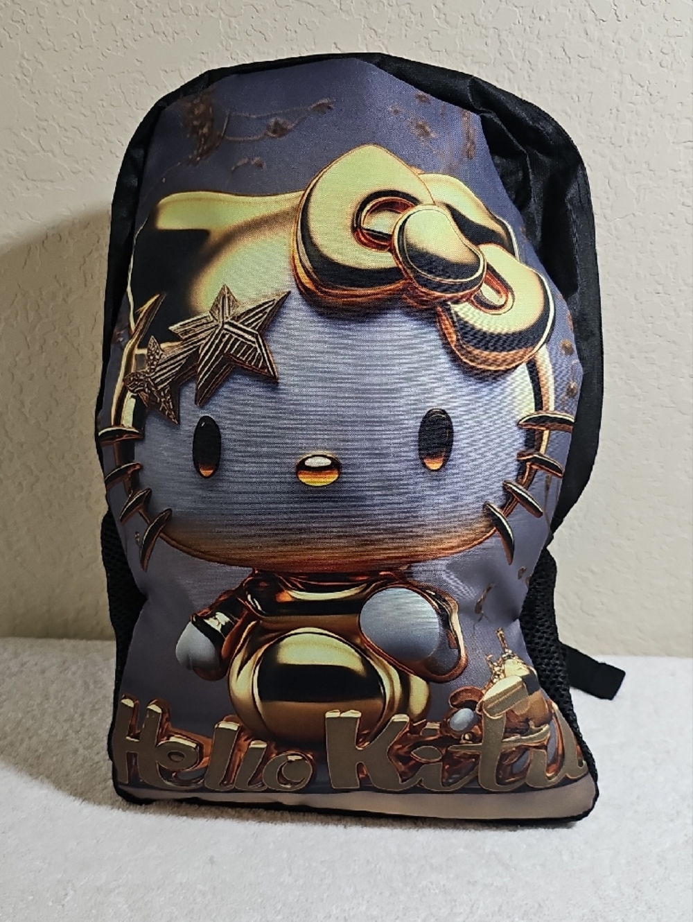 New Sanrio Gilded Hello Kitty Gold and Black Metallic Print Backpack - Picture 4 of 9
